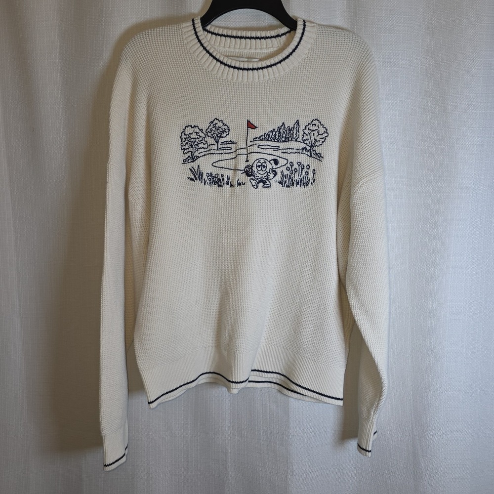 Hollister Sweater Mens XL White Golf Graphic Waffle Knit Boxy Fit Pullover